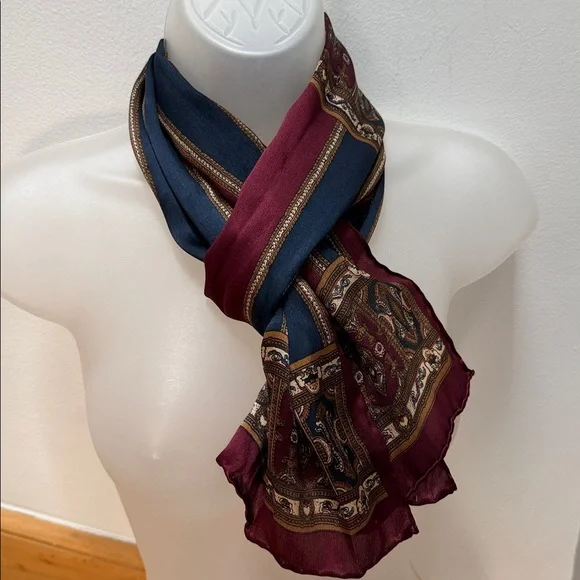 Vintage Bill Blass Silk Scarf Burgundy Navy Baroque Ornate Print - Picture 5 of 11